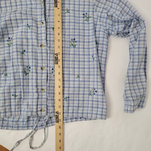 Vintage Casey & Max Blue Plaid Shirt Embroidered Flowers Denim Collar Linen LG - Picture 7 of 8